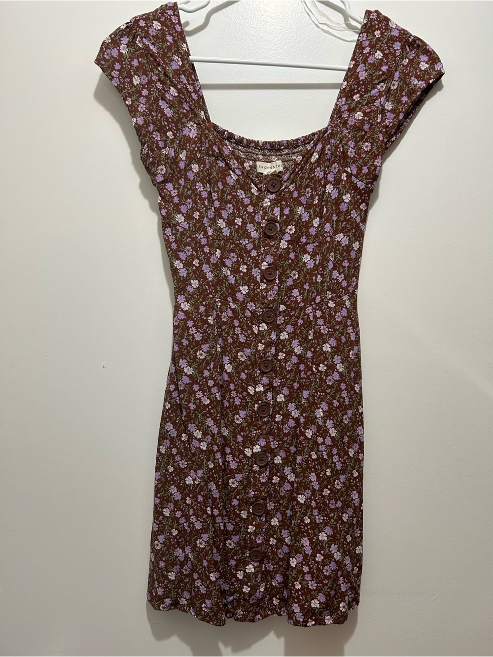 Aeropostale Brown Floral Button-Front Top with Lavender Flowers